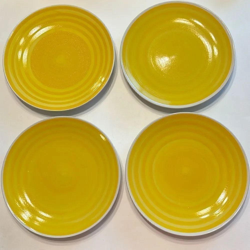 West Elm Set Of 4 Yellow Circles Ceramic Salad Lunch Plates 9”